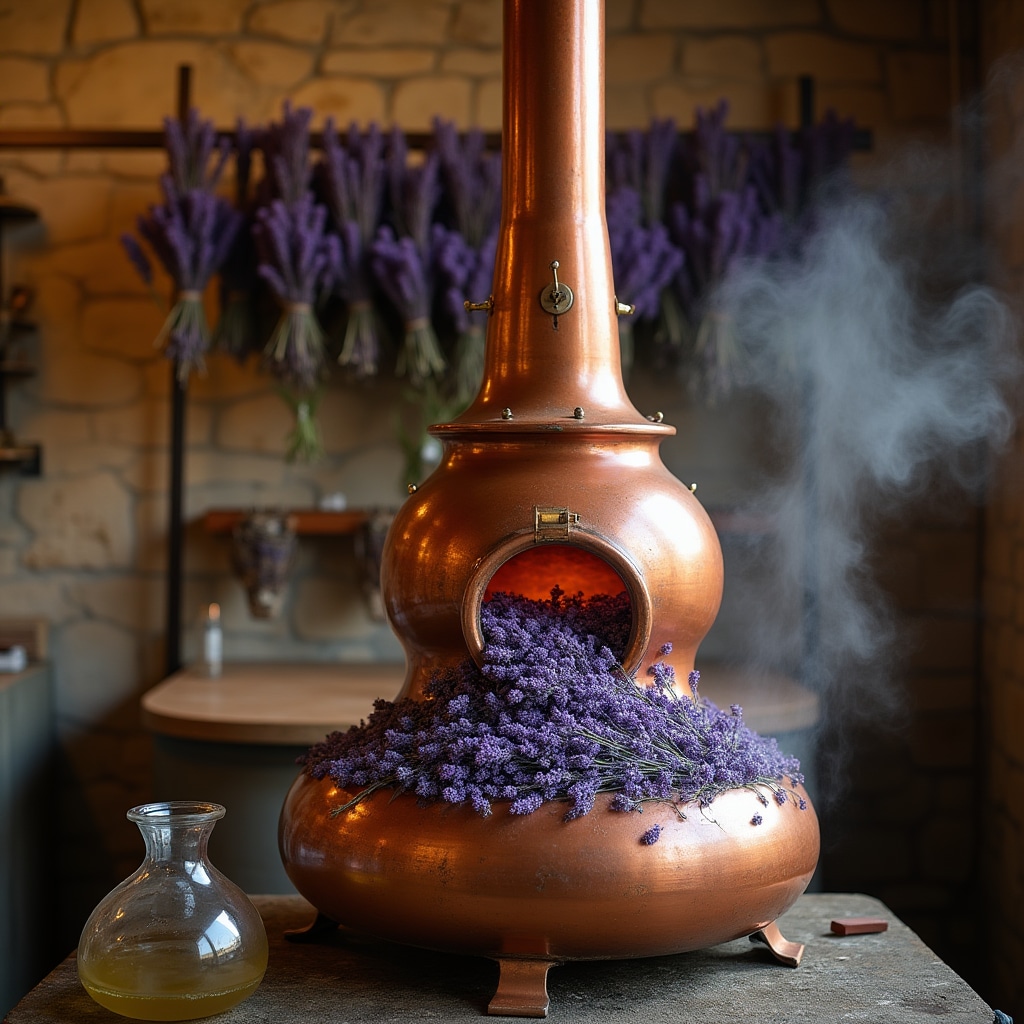 Destilación de lavanda española en alambique de cobre durante sesión educativa