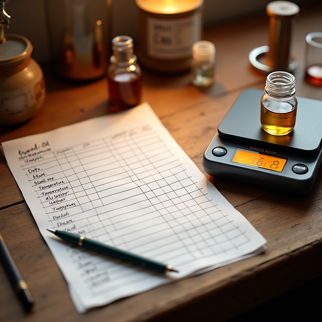 Mesa de registro con fichas de destilación, báscula y frascos de aceite