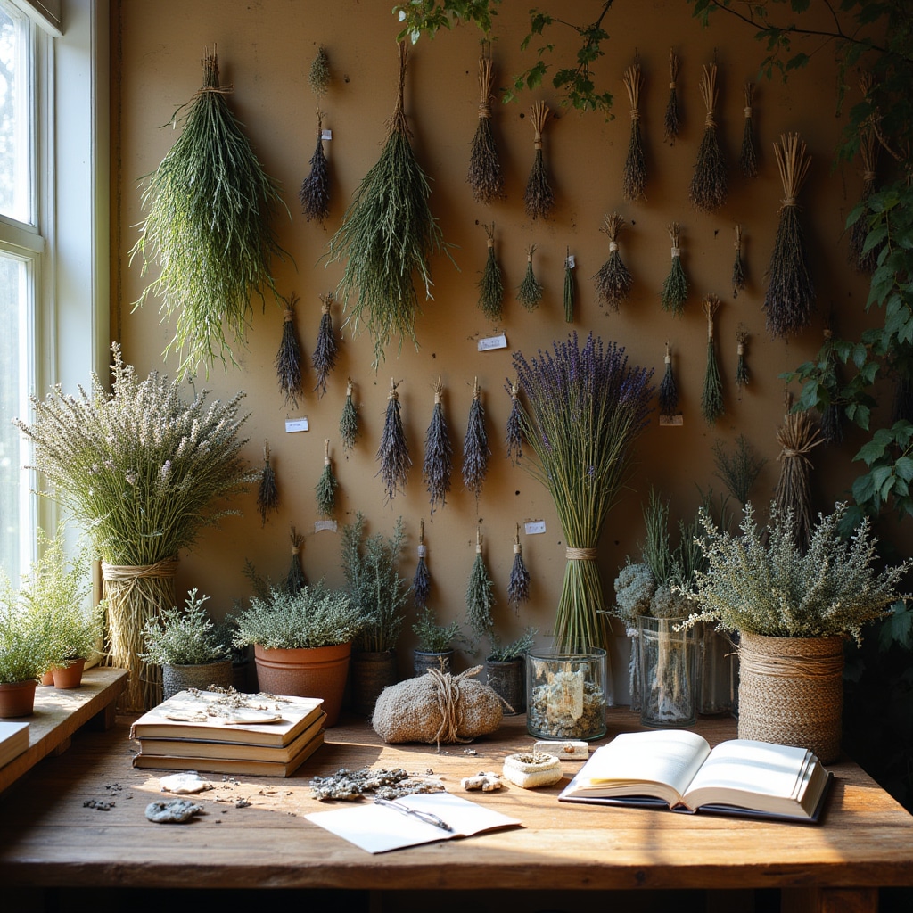 Zona botánica del taller con plantas aromáticas secas y muestras de herbario